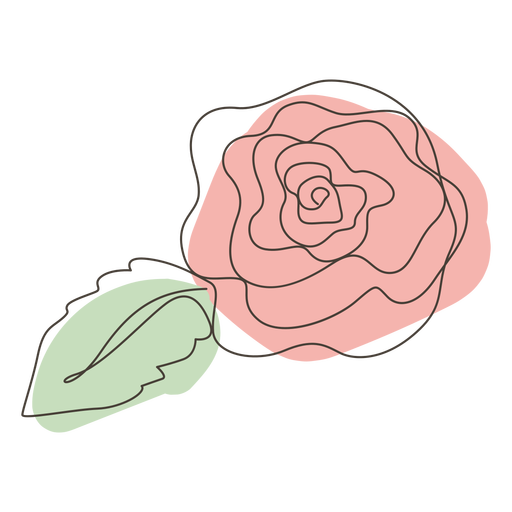 Un dibujo lineal de una rosa con un tallo y una hoja sobre un fondo gris. La rosa tiene cinco pétalos y está en plena floración. El tallo es verde y la hoja tiene forma ovalada. QueenOfMarketing