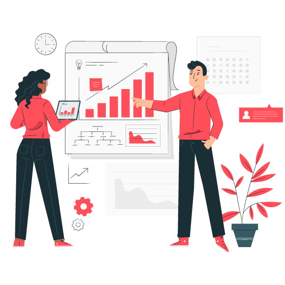 Profesionales revisando gráficos de crecimiento y datos en una presentación de marketing digital - QueenOfMarketing